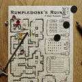Rumpledonk's Ruins map with the Monster Food alphabet tracker, gems and a pen