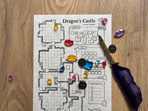 Dragon's Castle map with a purple quill, coins and coloured gems