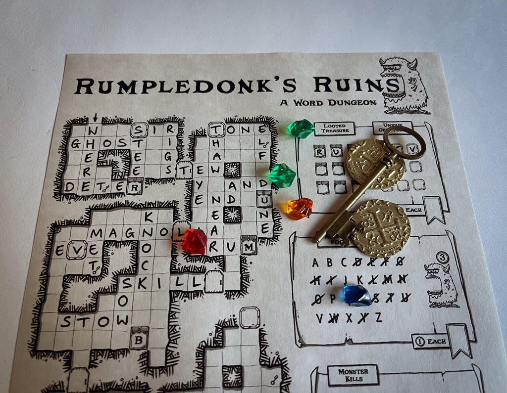 Rumpledonk's Ruins game in progress with a key, coins and gems