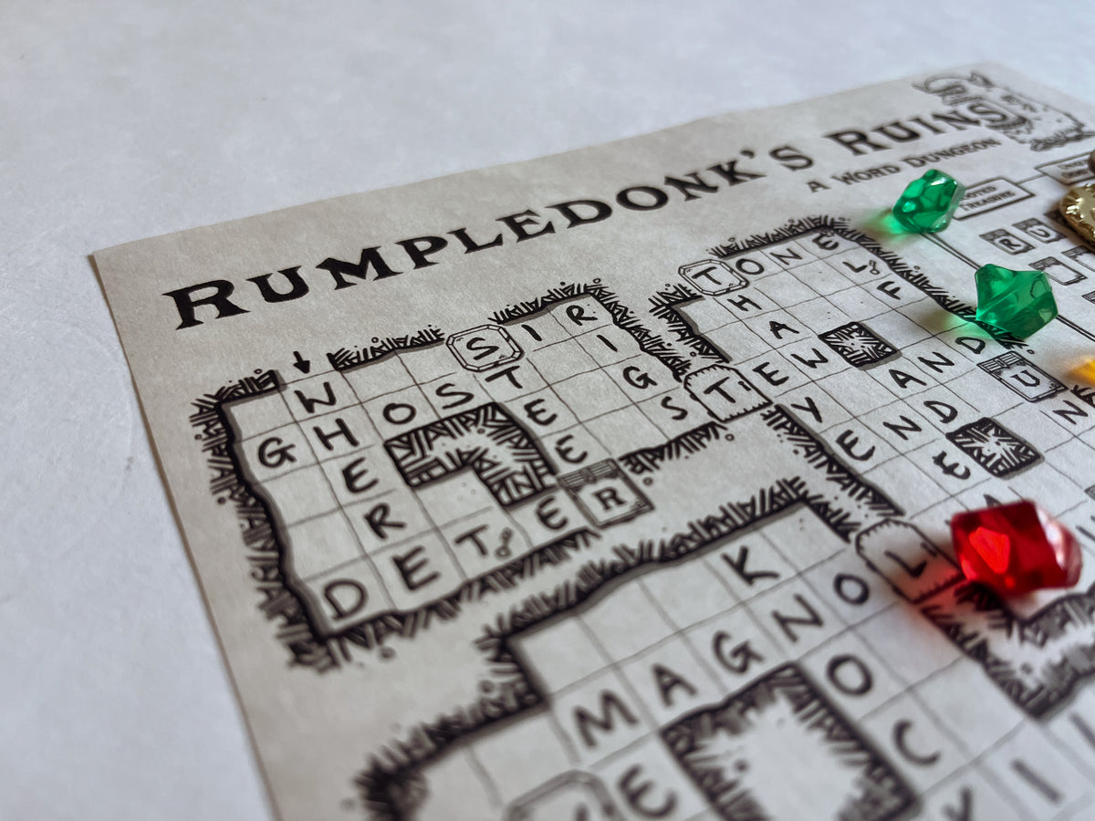 Close-up of a Rumpledonk's Ruins game in progress with words filled in